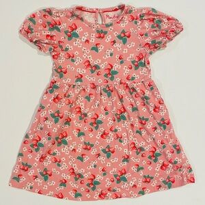 Mini Boden Puff Sleeve Dress Girls 5-6 Y Strawberries Almond Pink Cotton Spring
